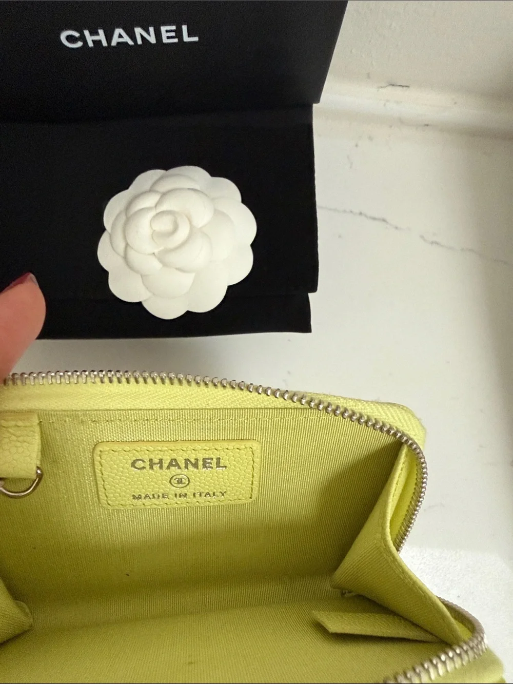 CHANEL Lemon Yellow CC Logo Key Card Holder with Chain